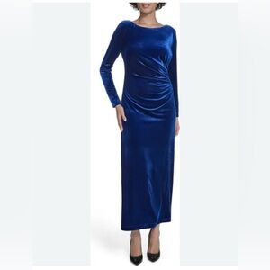 Calvin Klein Royal Blue Long Sleeve Bateau Neck Ruched Velvet Maxi Dress